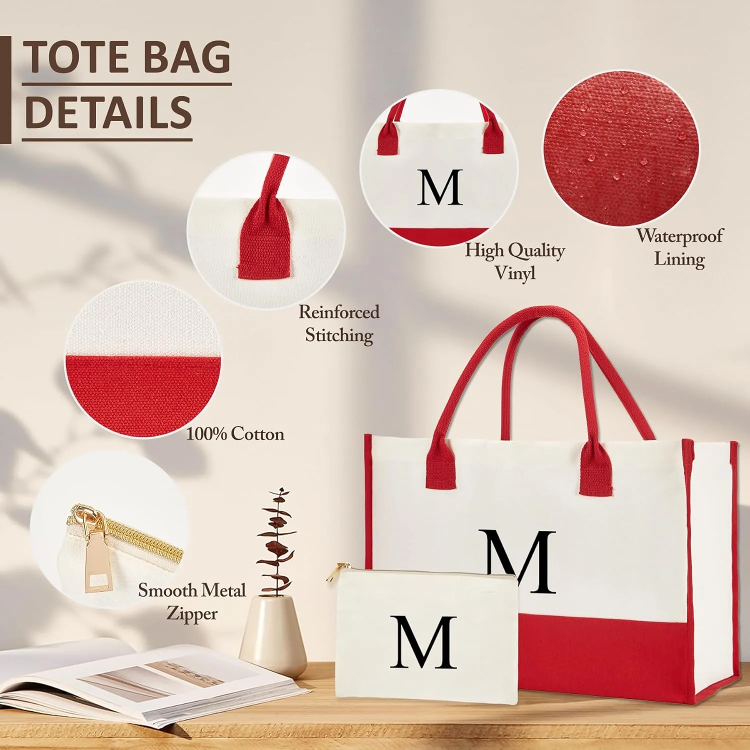 Personalized Canvas Tote Bag - Reinforced Handles,Dense Sewing Beach Bag & Extra Makeup Bag,Travel Essentials,Gifts for Women