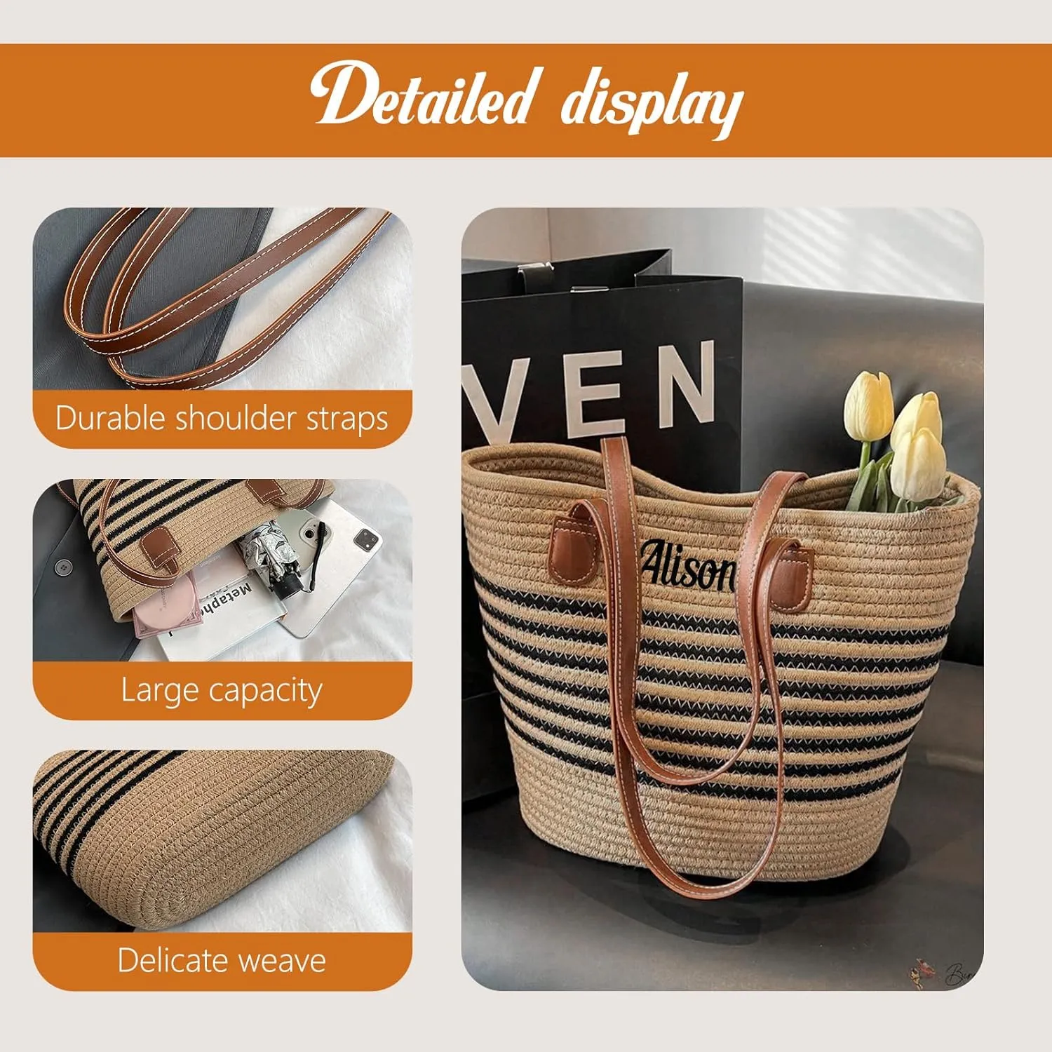 Personalized Straw Tote Bag for Women | Custom Embroidery Beach Bag, Large Woven Handmade Summer Travel Tote