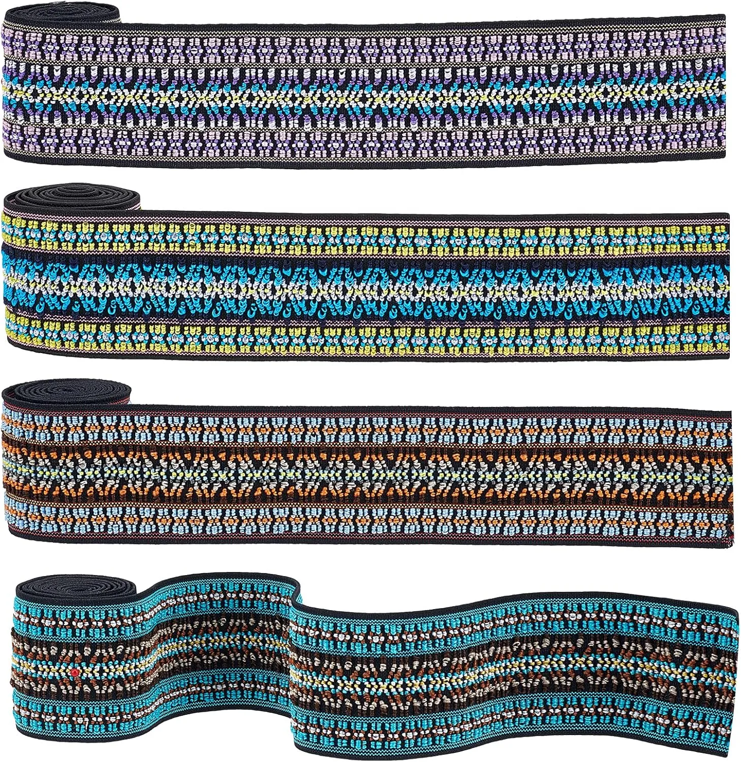 PH PandaHall 2 Inch Elastic Jacquard Ribbon, 4 Yards Ethnic Floral Trim Emobridered Woven Ribbon Boho Fabric Sewing Band Fringe Decor Trim for DIY Clothing Curtain Embellishment Decoration
