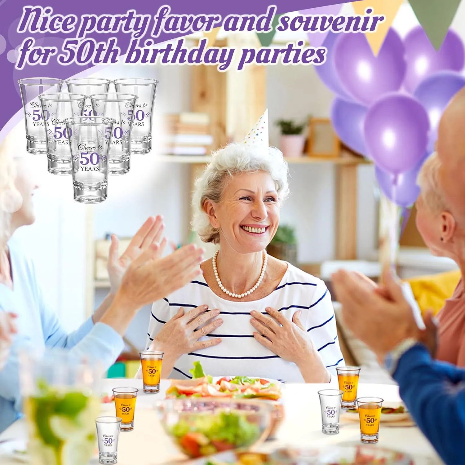 Pickmesh 50 Sets Black Purple Birthday Party Favors for Guests Souvenir 50 Years Old Gift Acrylic Clear Shot Glasses with Thank You Cards and Gift Bags Twine Organza Bags, 50th Birthday Party Supplies