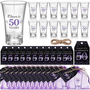 Pickmesh 50 Sets Black Purple Birthday Party Favors for Guests Souvenir 50 Years Old Gift Acrylic Clear Shot Glasses with Thank You Cards and Gift Bags Twine Organza Bags, 50th Birthday Party Supplies