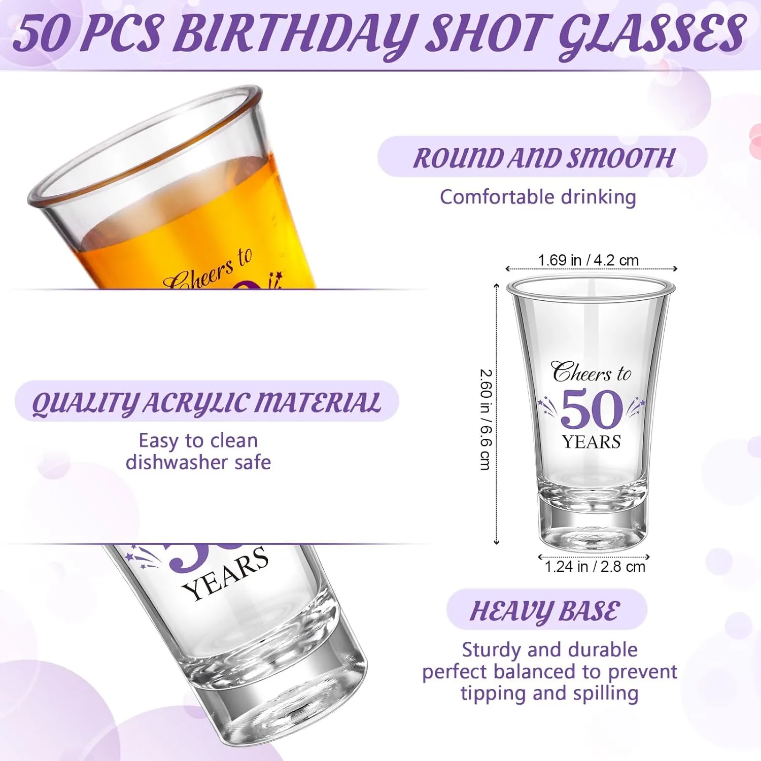 Pickmesh 50 Sets Black Purple Birthday Party Favors for Guests Souvenir 50 Years Old Gift Acrylic Clear Shot Glasses with Thank You Cards and Gift Bags Twine Organza Bags, 50th Birthday Party Supplies