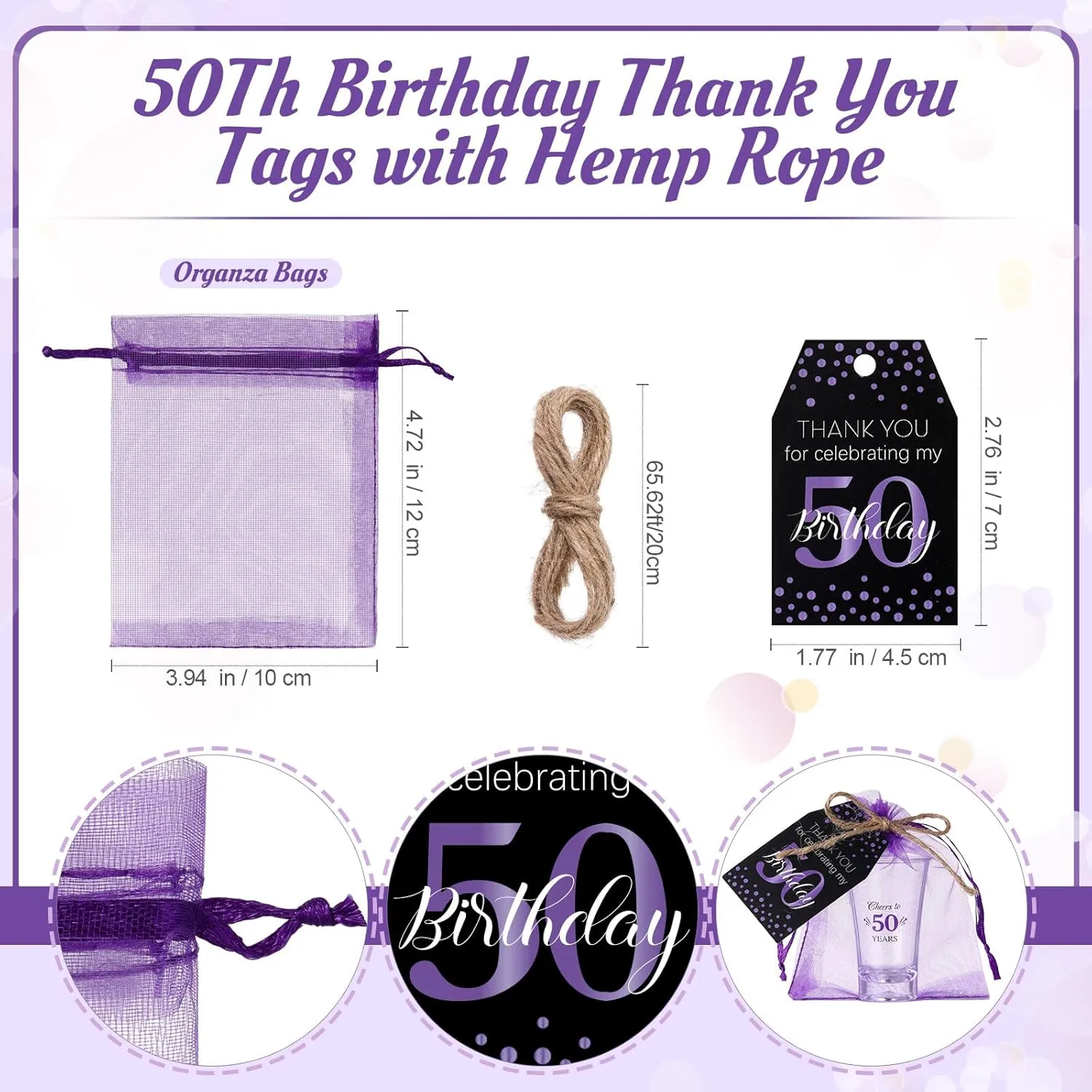 Pickmesh 50 Sets Black Purple Birthday Party Favors for Guests Souvenir 50 Years Old Gift Acrylic Clear Shot Glasses with Thank You Cards and Gift Bags Twine Organza Bags, 50th Birthday Party Supplies