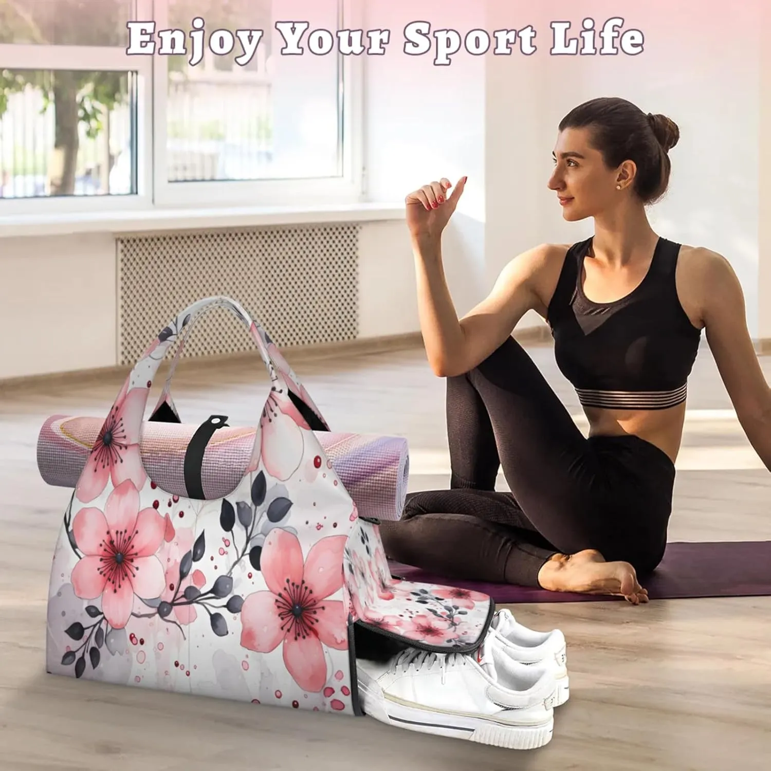 Pink Blossom Delight Waterproof Gym Bag for Men Women, Sports Duffel Bag with Shoe Compartment Yoga Mat Holder, Portable Large Travel Bag for Fitness, Camping, Weekend Trips