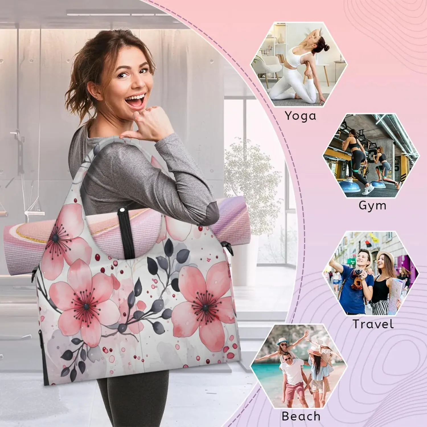 Pink Blossom Delight Waterproof Gym Bag for Men Women, Sports Duffel Bag with Shoe Compartment Yoga Mat Holder, Portable Large Travel Bag for Fitness, Camping, Weekend Trips