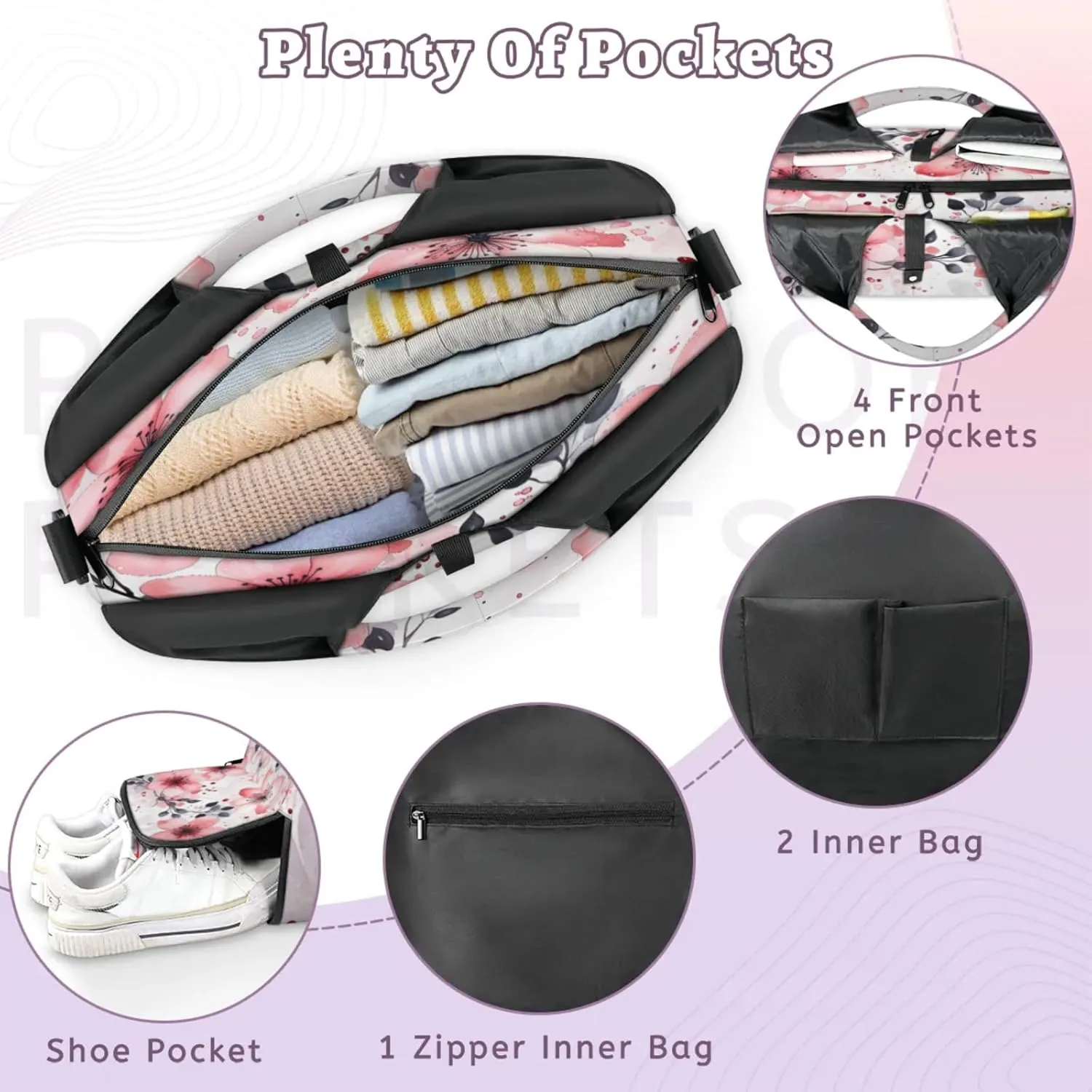Pink Blossom Delight Waterproof Gym Bag for Men Women, Sports Duffel Bag with Shoe Compartment Yoga Mat Holder, Portable Large Travel Bag for Fitness, Camping, Weekend Trips