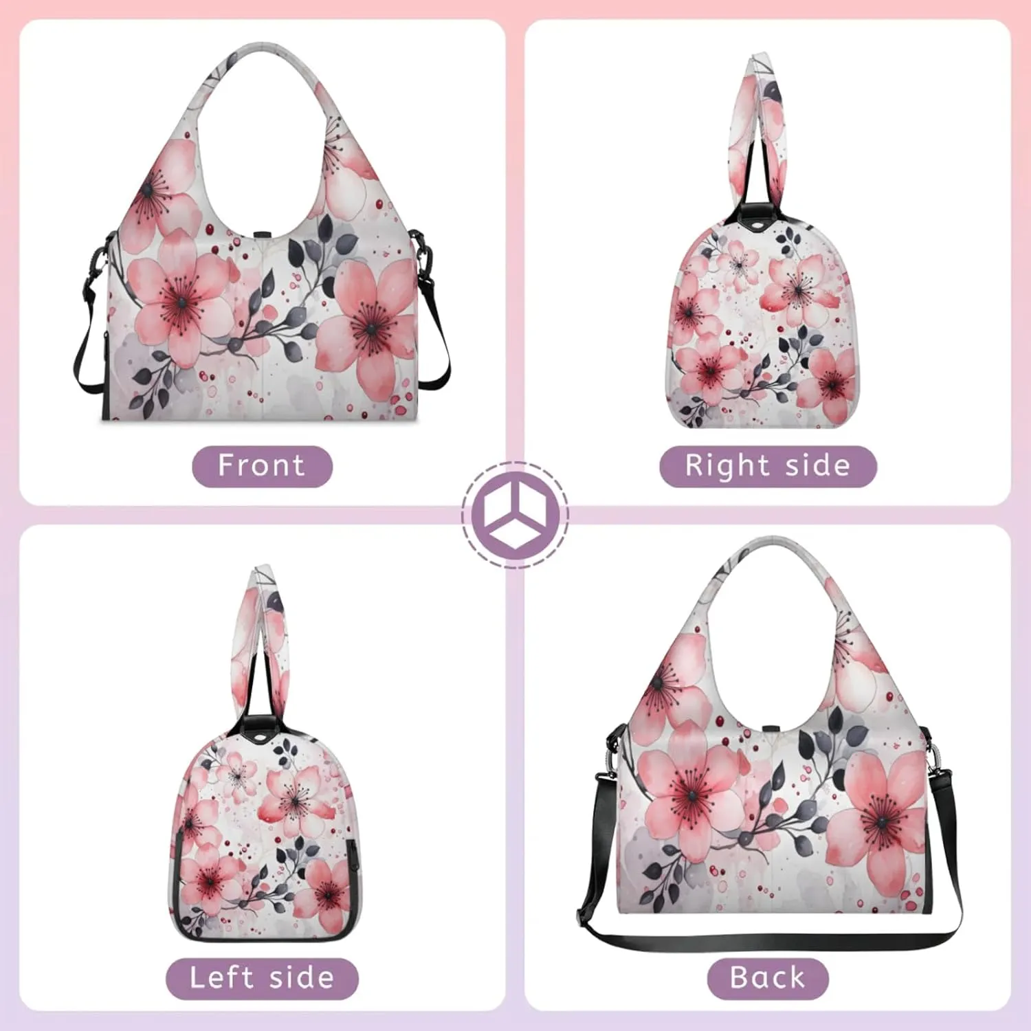 Pink Blossom Delight Waterproof Gym Bag for Men Women, Sports Duffel Bag with Shoe Compartment Yoga Mat Holder, Portable Large Travel Bag for Fitness, Camping, Weekend Trips