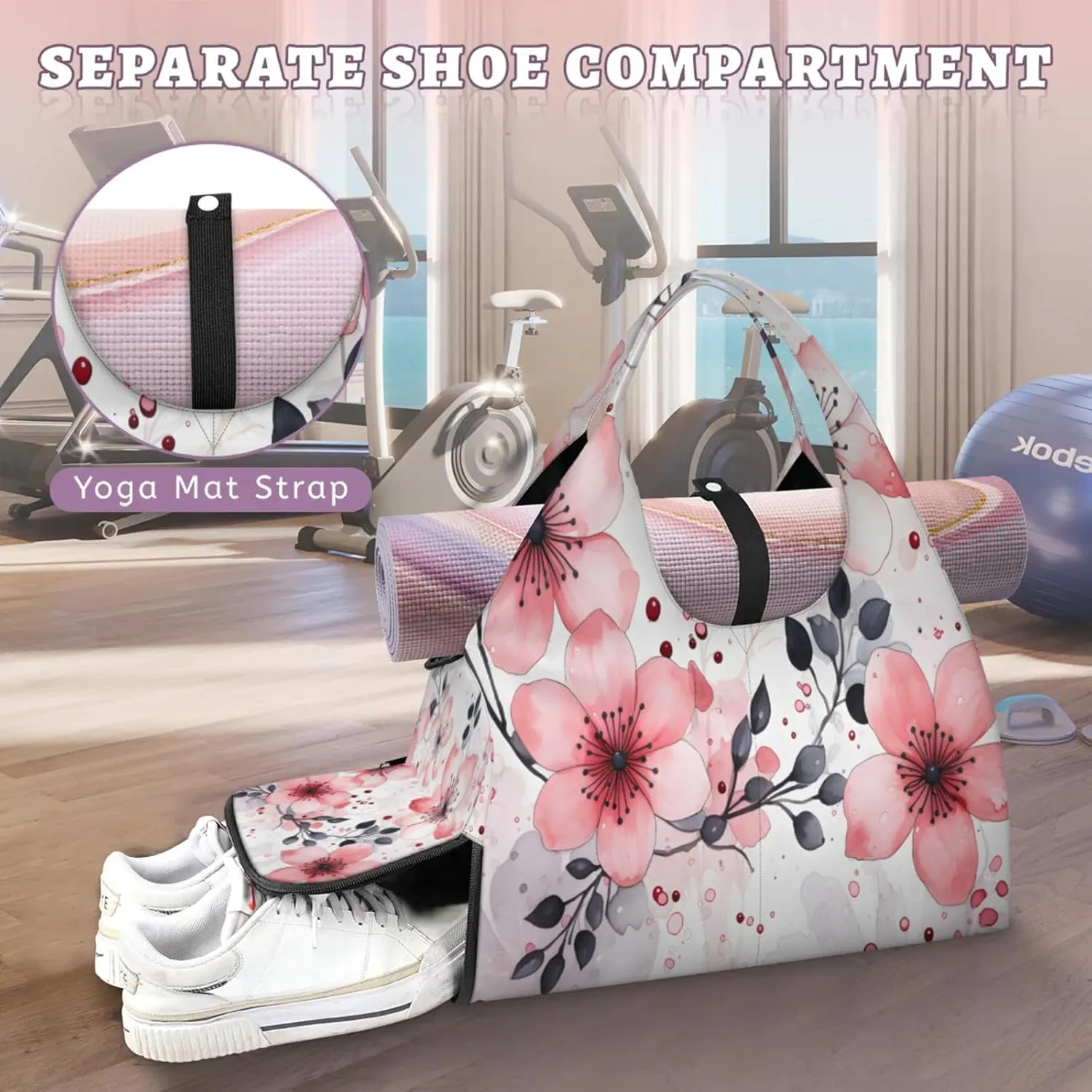 Pink Blossom Delight Waterproof Gym Bag for Men Women, Sports Duffel Bag with Shoe Compartment Yoga Mat Holder, Portable Large Travel Bag for Fitness, Camping, Weekend Trips