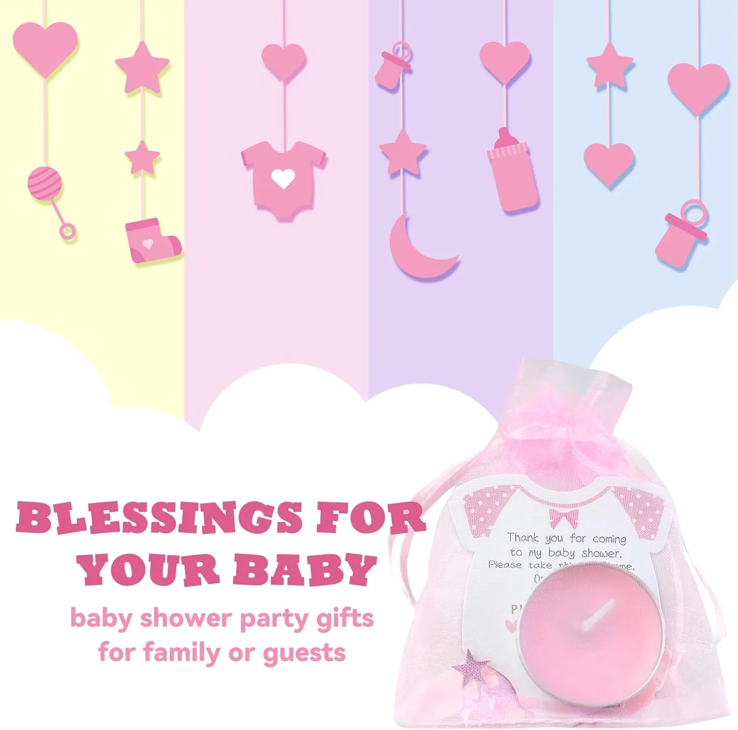 Pink Tea Light Candles for Girl Baby Shower Favors - 50 Sets with Thank Cards & Organza Bags