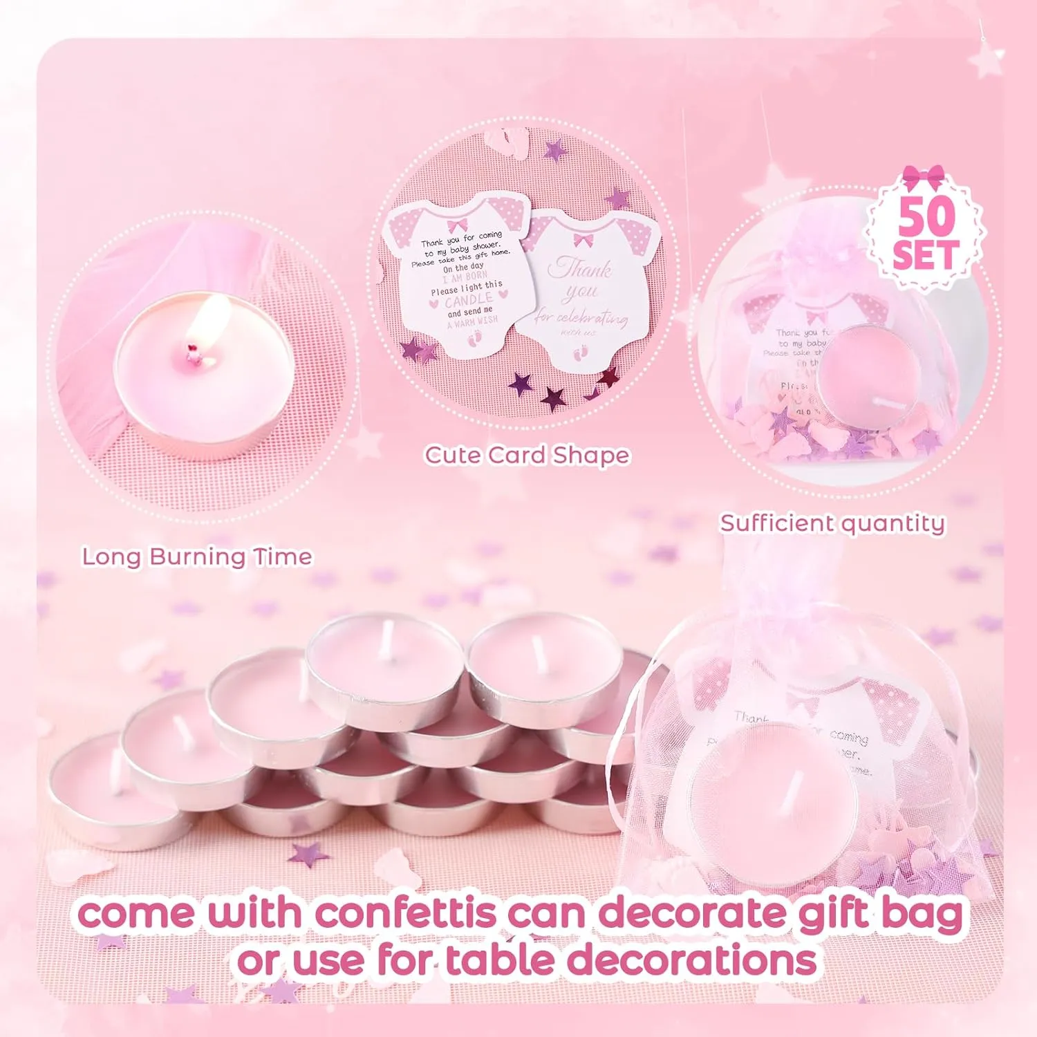 Pink Tea Light Candles for Girl Baby Shower Favors - 50 Sets with Thank Cards & Organza Bags
