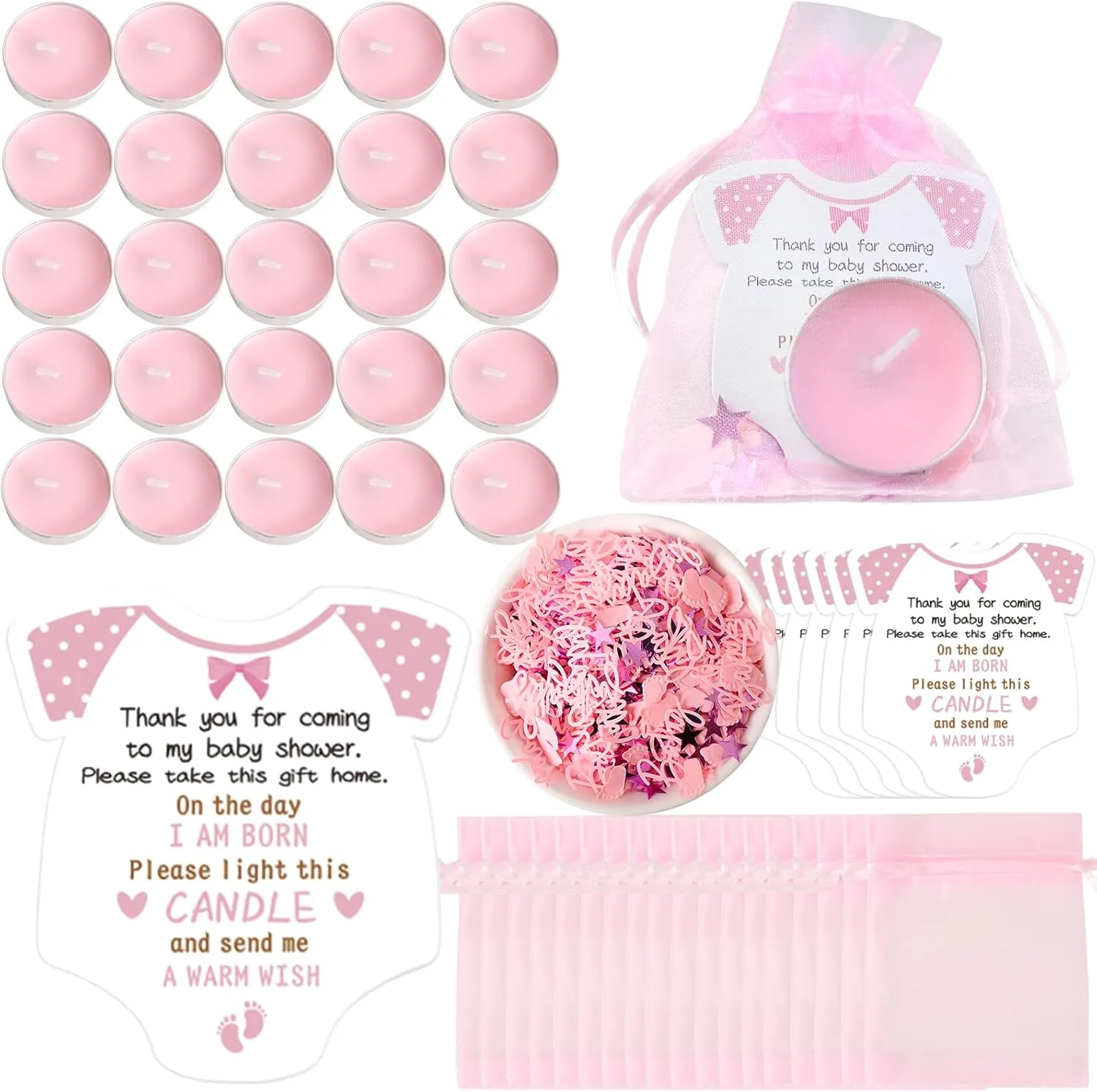 Pink Tea Light Candles for Girl Baby Shower Favors - 50 Sets with Thank Cards & Organza Bags