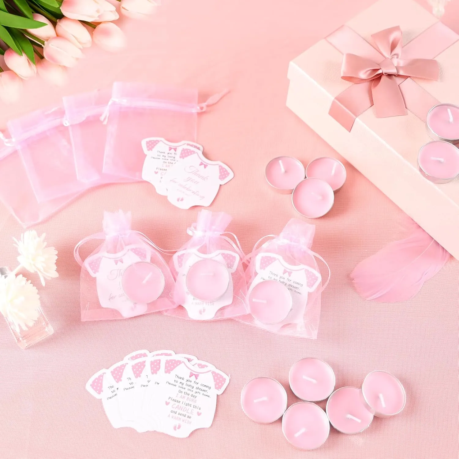 Pink Tea Light Candles for Girl Baby Shower Favors - 50 Sets with Thank Cards & Organza Bags