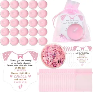 Pink Tea Light Candles for Girl Baby Shower Favors - 50 Sets with Thank Cards & Organza Bags