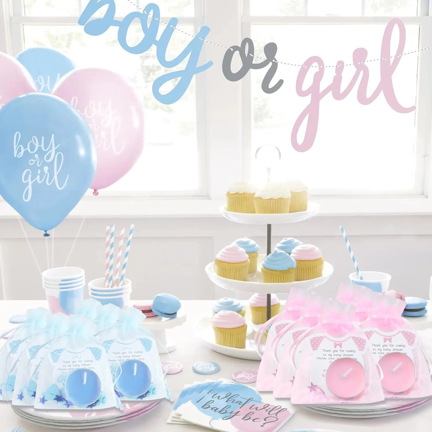 Pink Tea Light Candles for Girl Baby Shower Favors - 50 Sets with Thank Cards & Organza Bags