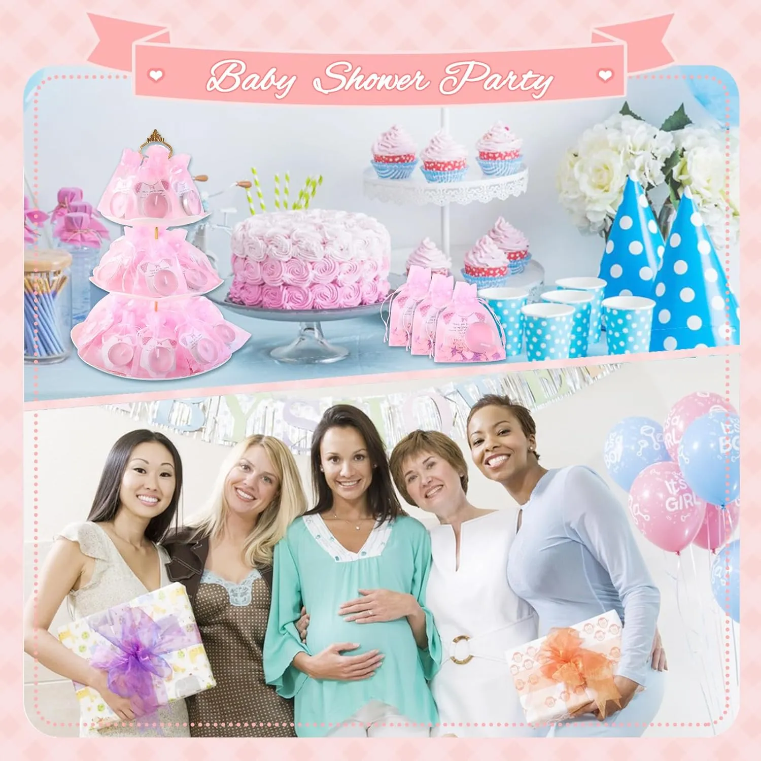Pink Tea Light Candles for Girl Baby Shower Favors - 50 Sets with Thank Cards & Organza Bags