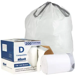 Plasticplace Trash Bags, Compatible with simplehuman Code D (200 Count) White Drawstring Garbage Liners 5.3 Gallon / 20 Liter, 15.75" x 28"