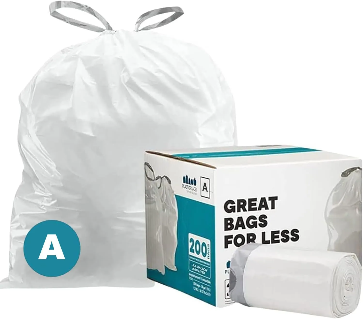Plasticplace Trash Bags | Compatible with Simplehuman (x) Code A | (200 Count)│White Drawstring Garbage Liners 1.2 Gallon / 4.5 Liter │ 11.5" x 15.5"