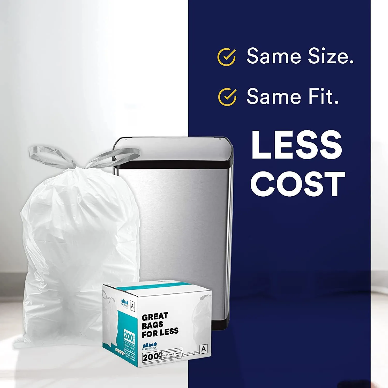 Plasticplace Trash Bags | Compatible with Simplehuman (x) Code A | (200 Count)│White Drawstring Garbage Liners 1.2 Gallon / 4.5 Liter │ 11.5" x 15.5"