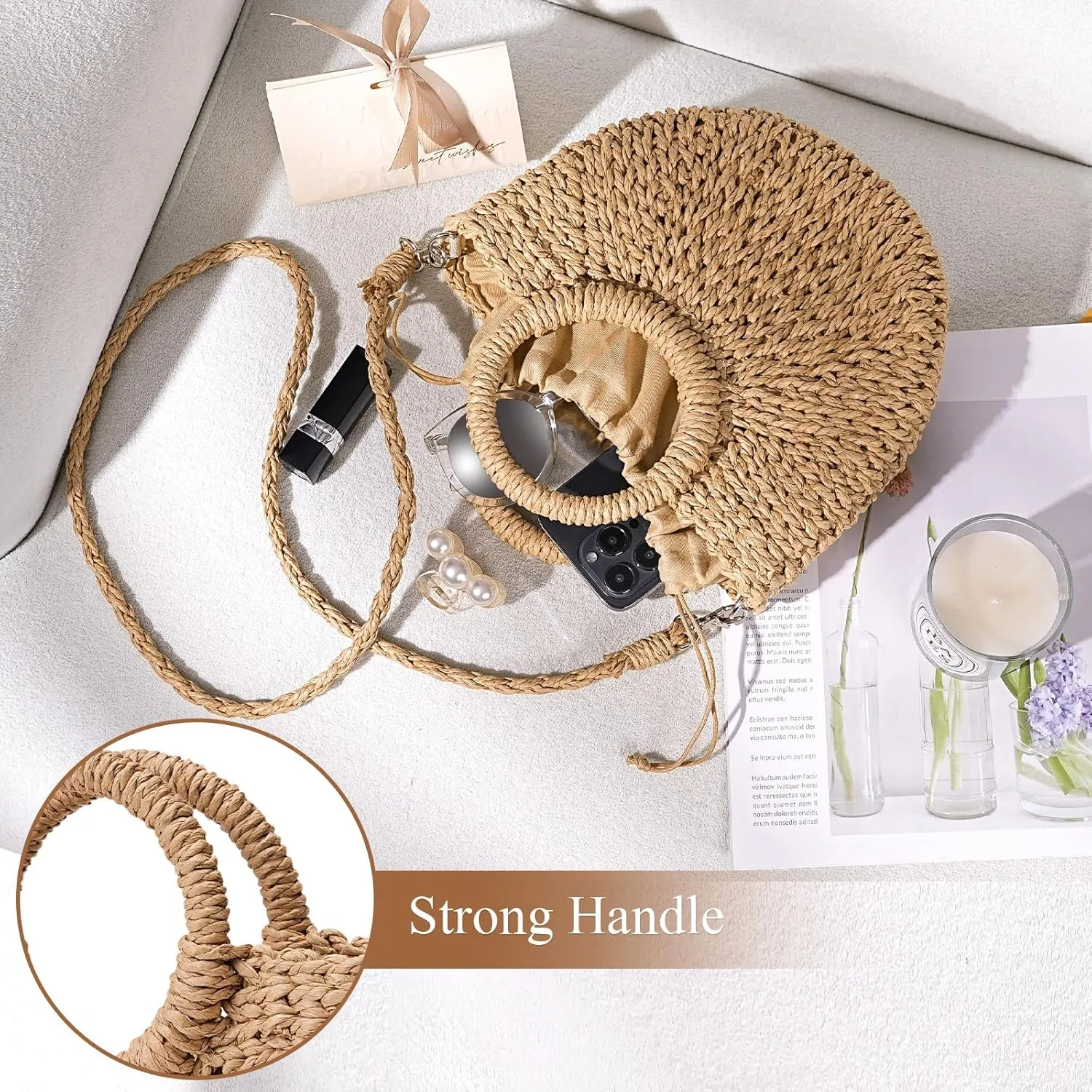 Pleneal Straw Beach Bags for Women - Women Beach Handmade Woven Tote Bag, Summer Mesh Hollow Shoulder Bag for Holiday