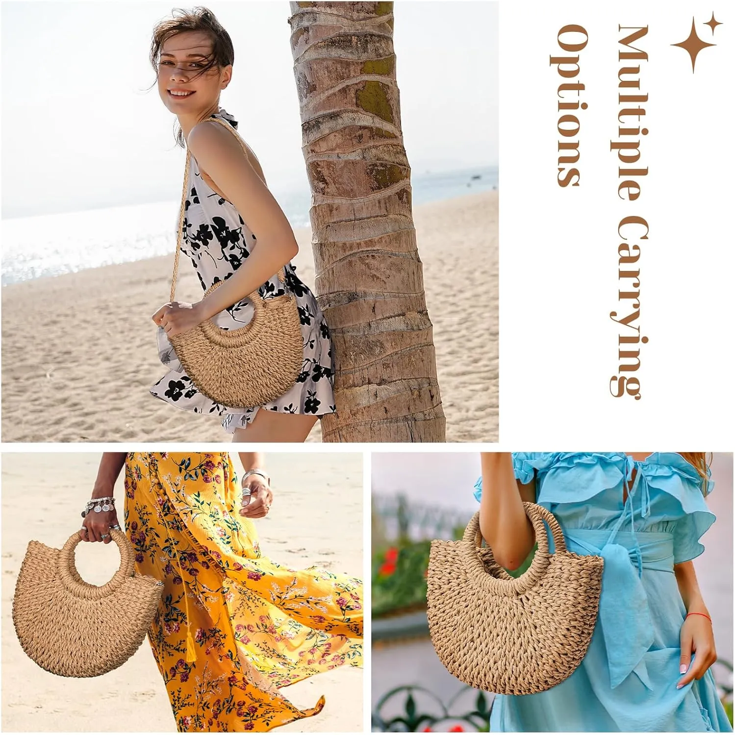 Pleneal Straw Beach Bags for Women - Women Beach Handmade Woven Tote Bag, Summer Mesh Hollow Shoulder Bag for Holiday