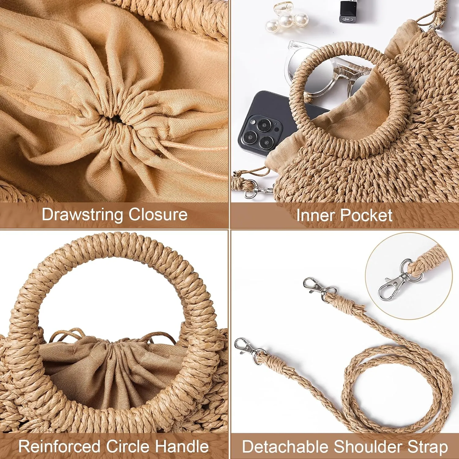 Pleneal Straw Beach Bags for Women - Women Beach Handmade Woven Tote Bag, Summer Mesh Hollow Shoulder Bag for Holiday