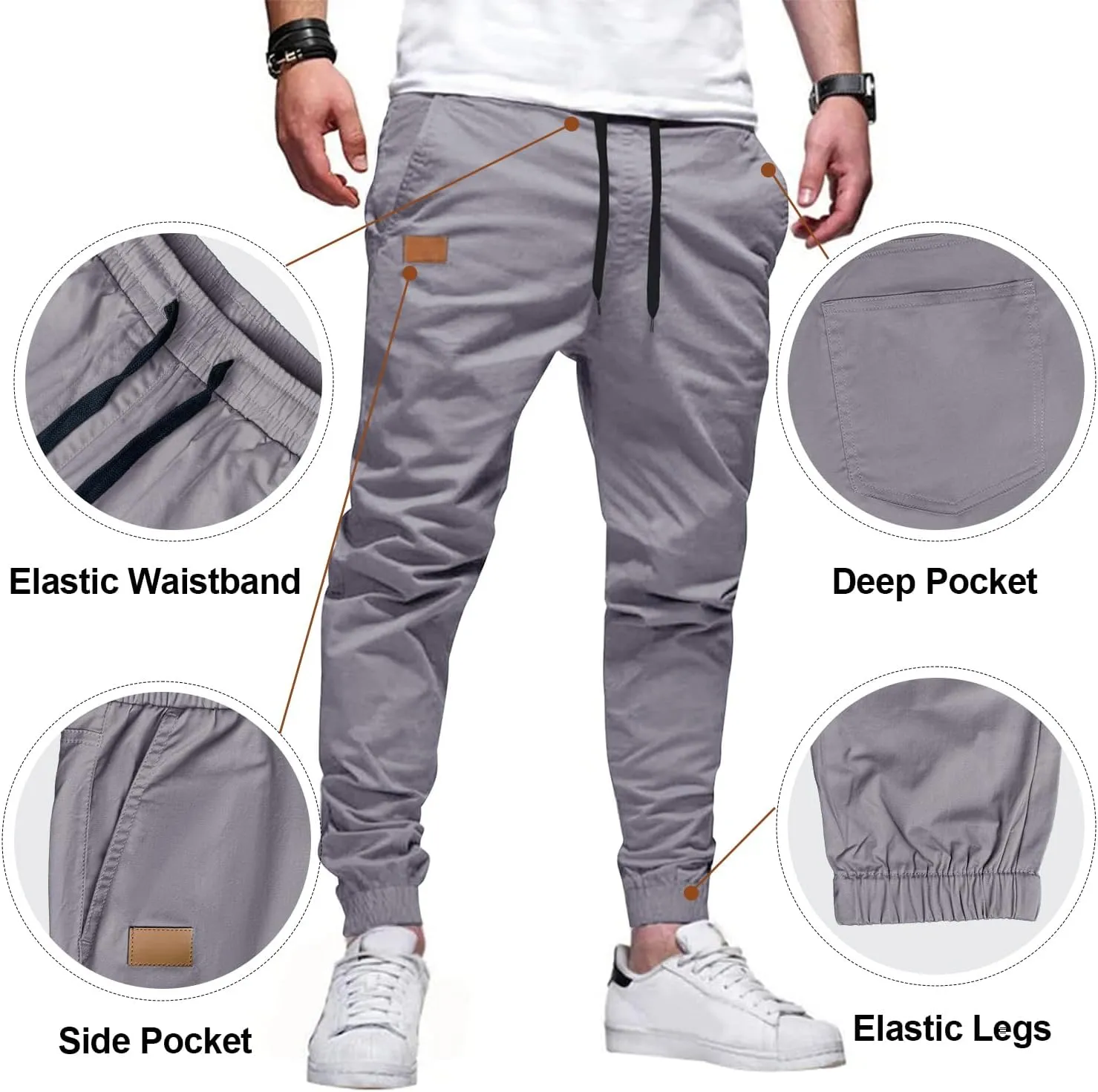 PLEPAN Mens Casual Cargo Joggers - Cotton Drawstring Chino Pants Hiking Outdoor Twill Track Jogging Sweatpants