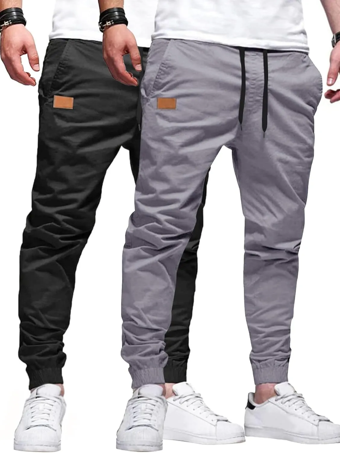 PLEPAN Mens Casual Cargo Joggers - Cotton Drawstring Chino Pants Hiking Outdoor Twill Track Jogging Sweatpants