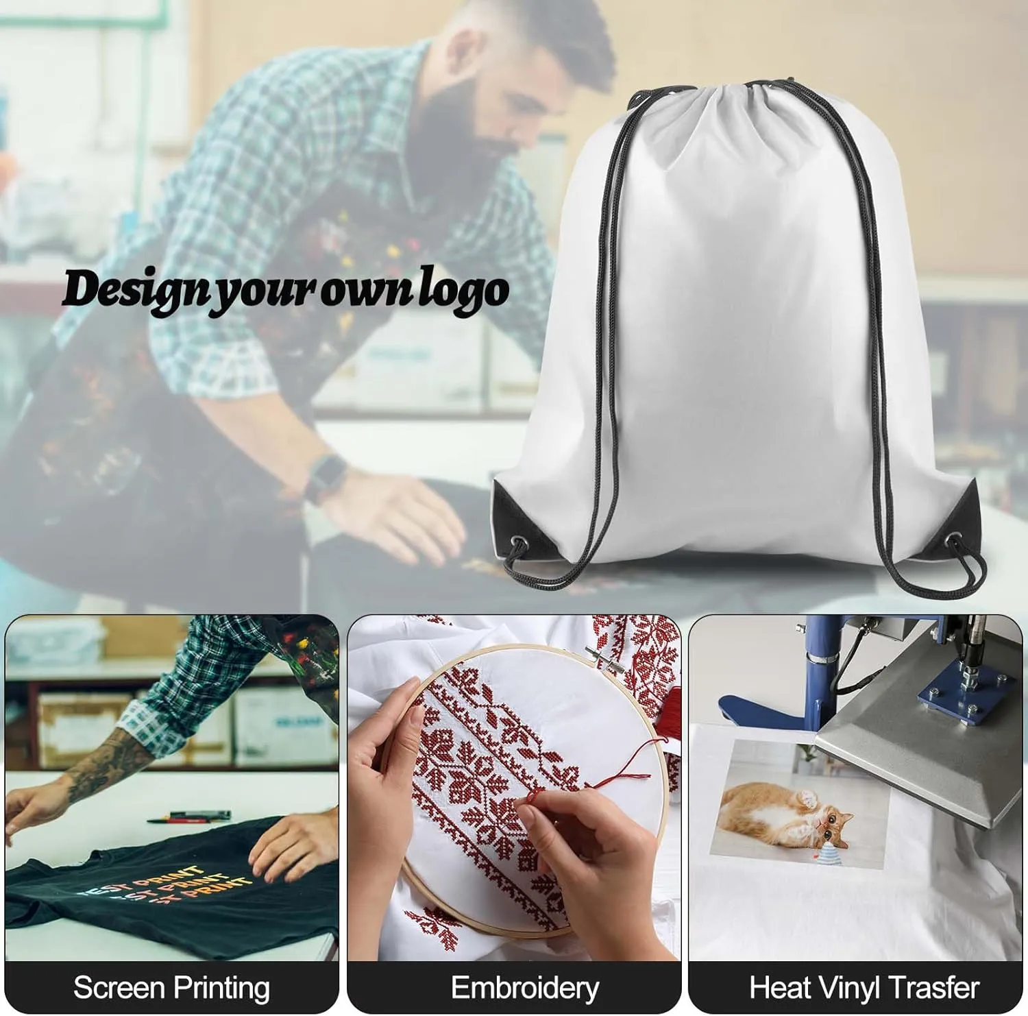 PLULON 15 Pcs White Drawstring Bags Drawstring Backpack Bulk, String Backpack Cinch Sack Sport Gym Backpack Bags for Yoga Traveling Outdoor Sports