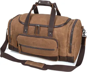 Polare 23" Travel Waxed Canvas Cowhide Leather Trim Duffel Bag 42L Waterproof Trim Luggage Weekender Overnight Vintage Carry on Hand Bag
