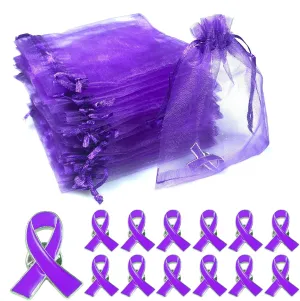 Purple Ribbon Pin with Organza Bags Domestic Violence Awareness Pins Alzheimers Pancreatic Cancer Lupus Awareness Products Accessories