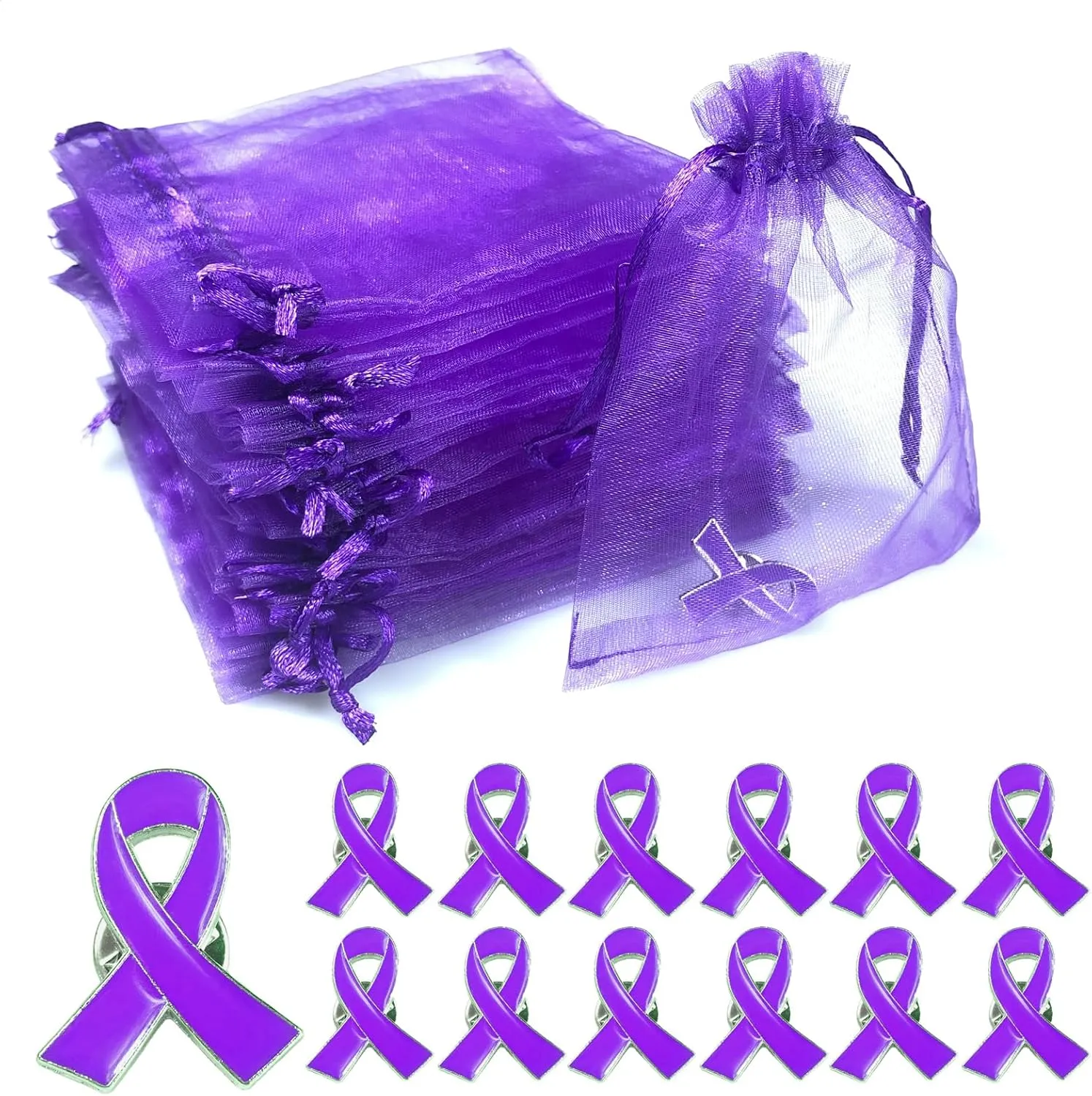Purple Ribbon Pin with Organza Bags Domestic Violence Awareness Pins Alzheimers Pancreatic Cancer Lupus Awareness Products Accessories