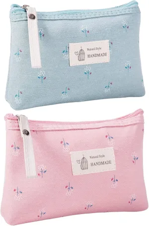 Qikuver Canvas Cosmetic Bags, 2 Pieces Cosmetic Bags for Women, Makeup bag Cute Cosmetic Bag Organizer Small Mini Makeup Pouch for Purse Toiletry Bag