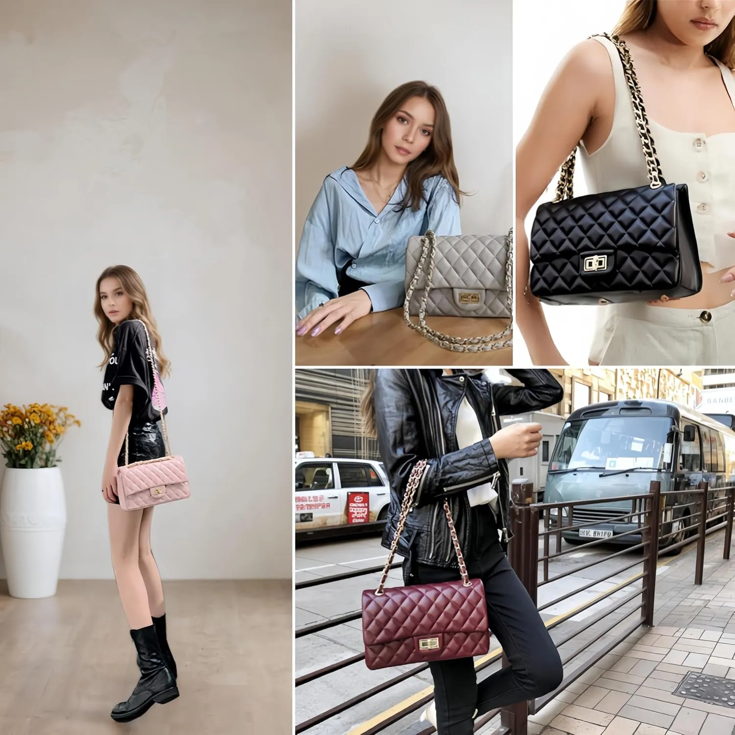 Quilted Vegan Crossbody Bags for Women, 2 Sizes & 6 Colors with Diamond Stitch, Twist Lock & 6 Pockets