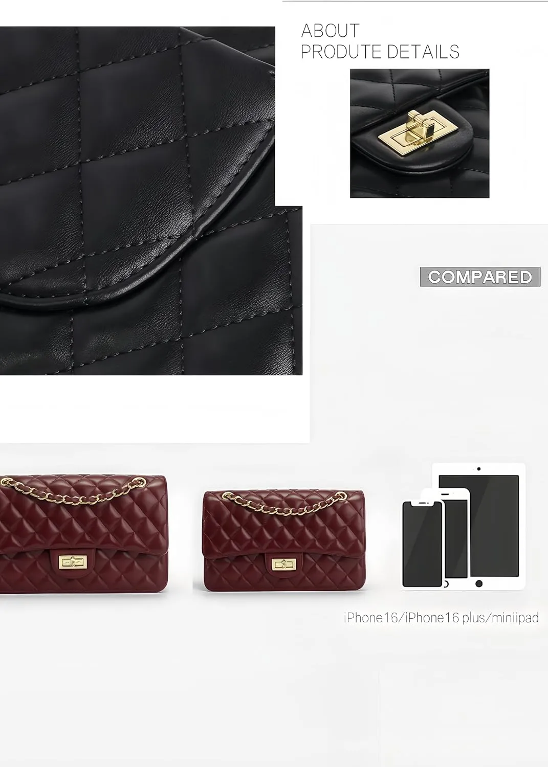Quilted Vegan Crossbody Bags for Women, 2 Sizes & 6 Colors with Diamond Stitch, Twist Lock & 6 Pockets
