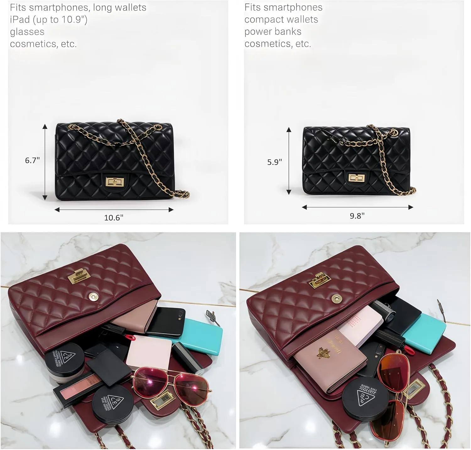 Quilted Vegan Crossbody Bags for Women, 2 Sizes & 6 Colors with Diamond Stitch, Twist Lock & 6 Pockets
