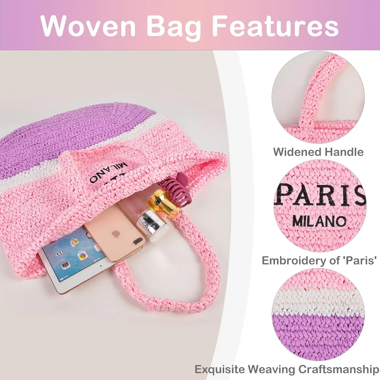 QZUnique Straw Beach Tote Bag for Women Summer Woven Shoulder Purse Handbag Large Handwoven Handbag Hobo for Vacation Travel