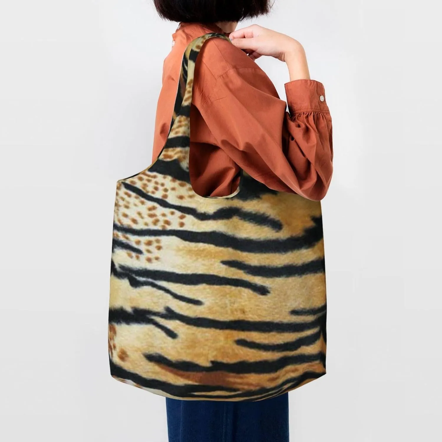 Realistic Tiger Skin Print Canvas Tote Bags Reusable Shopping Bag Handbag for Shopper Beach Gifts
