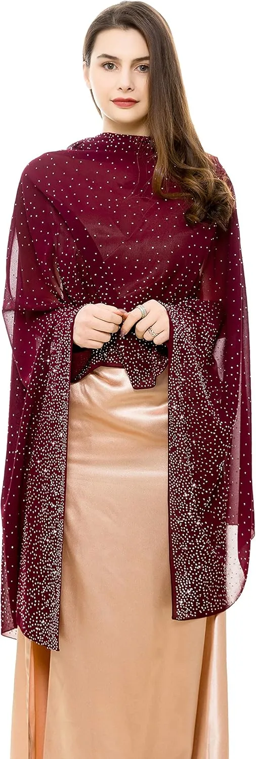 REEMONDE Womens Rhinestones Pashmina Shawls and Wraps for Evening Dresses Chiffon Shawl Sparkly Scarf