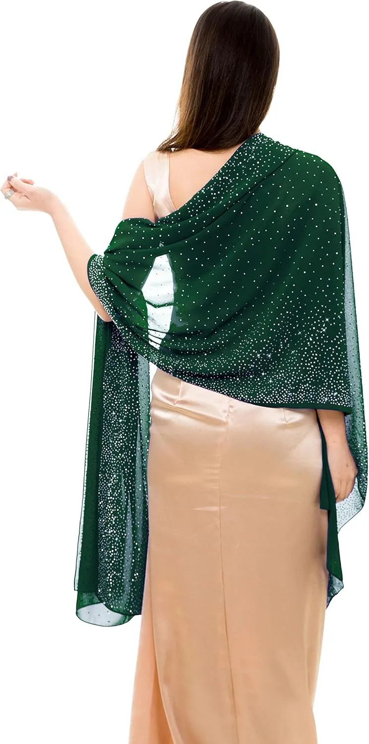 REEMONDE Womens Rhinestones Pashmina Shawls and Wraps for Evening Dresses Chiffon Shawl Sparkly Scarf