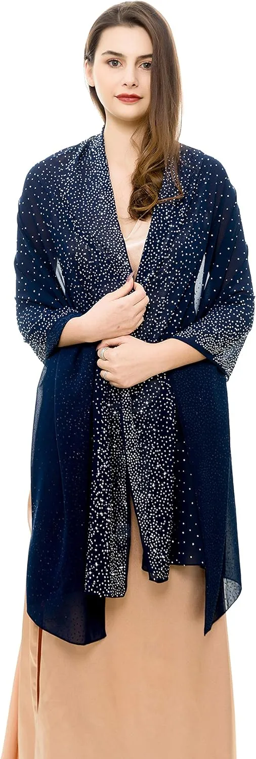 REEMONDE Womens Rhinestones Pashmina Shawls and Wraps for Evening Dresses Chiffon Shawl Sparkly Scarf
