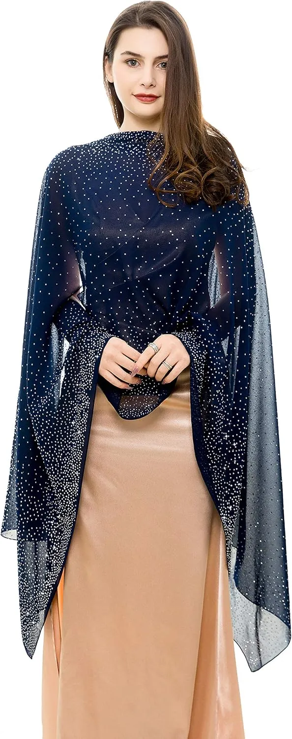REEMONDE Womens Rhinestones Pashmina Shawls and Wraps for Evening Dresses Chiffon Shawl Sparkly Scarf