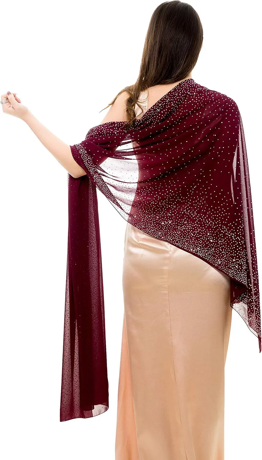 REEMONDE Womens Rhinestones Pashmina Shawls and Wraps for Evening Dresses Chiffon Shawl Sparkly Scarf