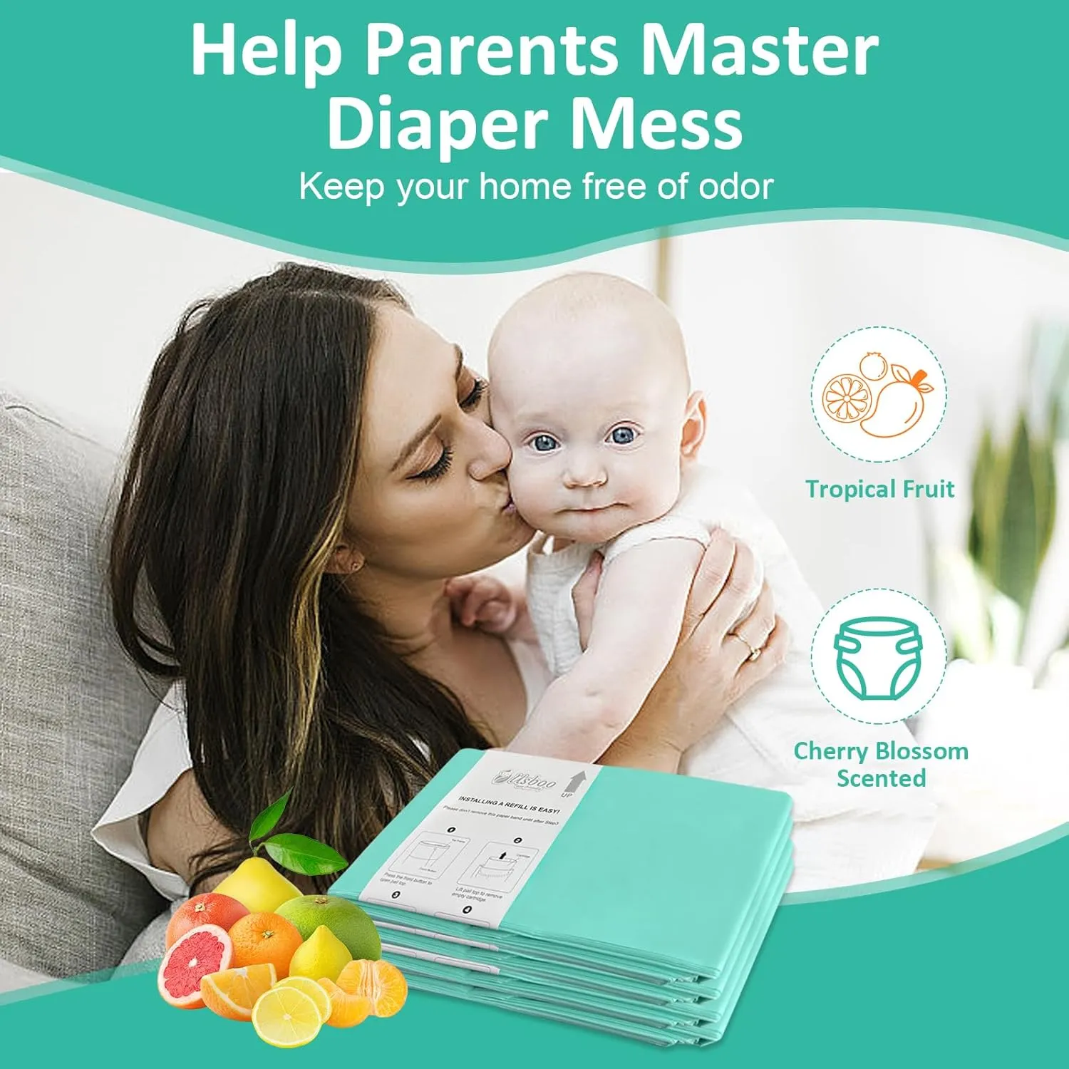 Refills Compatible with Dekor PLUS Diaper Pail,8 Pack Disposable Diaper Pail Refills, Reinforced Thickness Diaper Trash Bags, Holds up to 4640 Diapers,Tropical Fruit