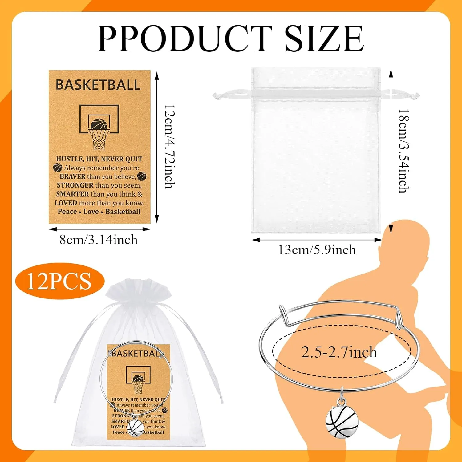 Remuuly 12 Sets Sport Bracelets Team Gift with Inspirational Card and Bags Adjustable Charm Bangle Bracelets Bulk Sports Jewelry for Softball Basketball Party Favors(Basketball Style)