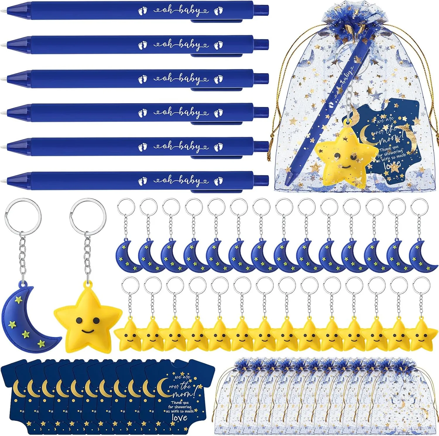 Remuuly 50 Sets Over the Moon Party Gifts Baby Shower Favor for Guests 25 Moon Keychain 25 Star Keychain 50 Thank You Cards 50 Thank You Pens and Organza Bags Baby Shower for Guests Gender Reveal