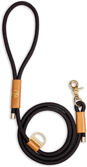 Remy Roo Manhattan Black Heavy Duty Dog Leash - 5 ft, Custom Waste Bag Ring, Double Stitched Leather, Lobster Clasp, Brass Finish - Suitable for Large, Medium & Small Dogs