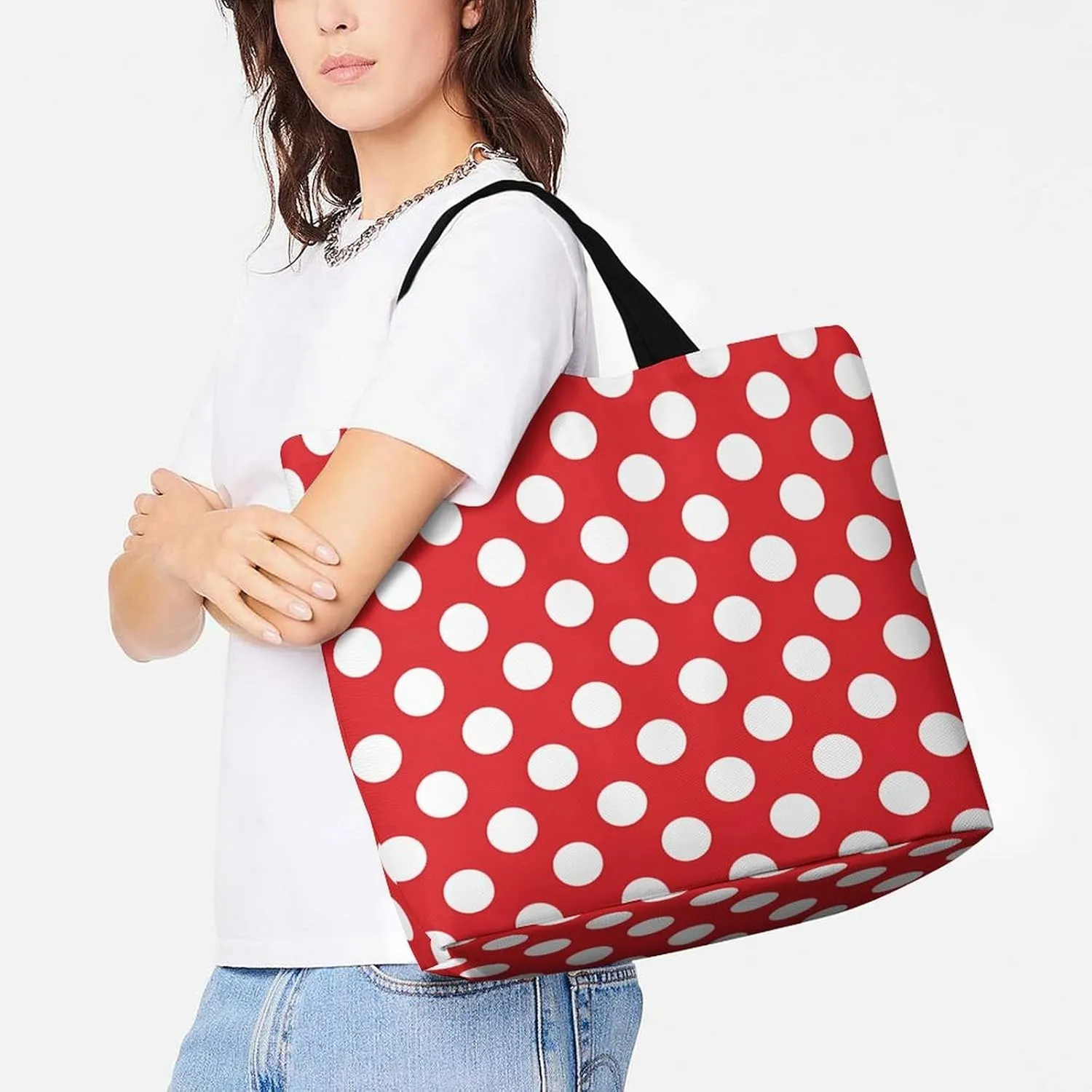 Retro Black White Polka Dots Pattern Tote Bag Reusable Grocery Bags for Groceries Capacity Heavy for Shopping