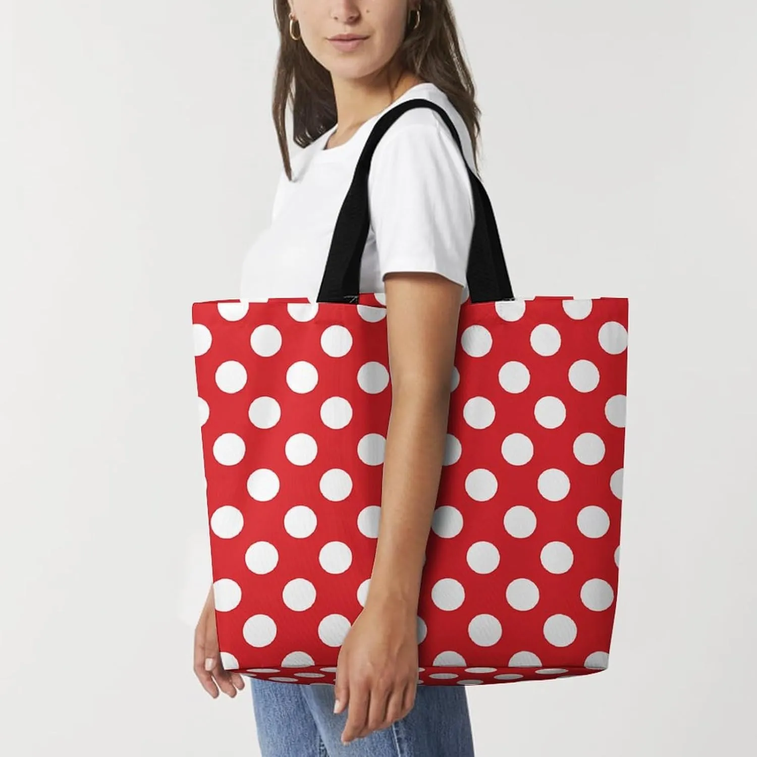 Retro Black White Polka Dots Pattern Tote Bag Reusable Grocery Bags for Groceries Capacity Heavy for Shopping
