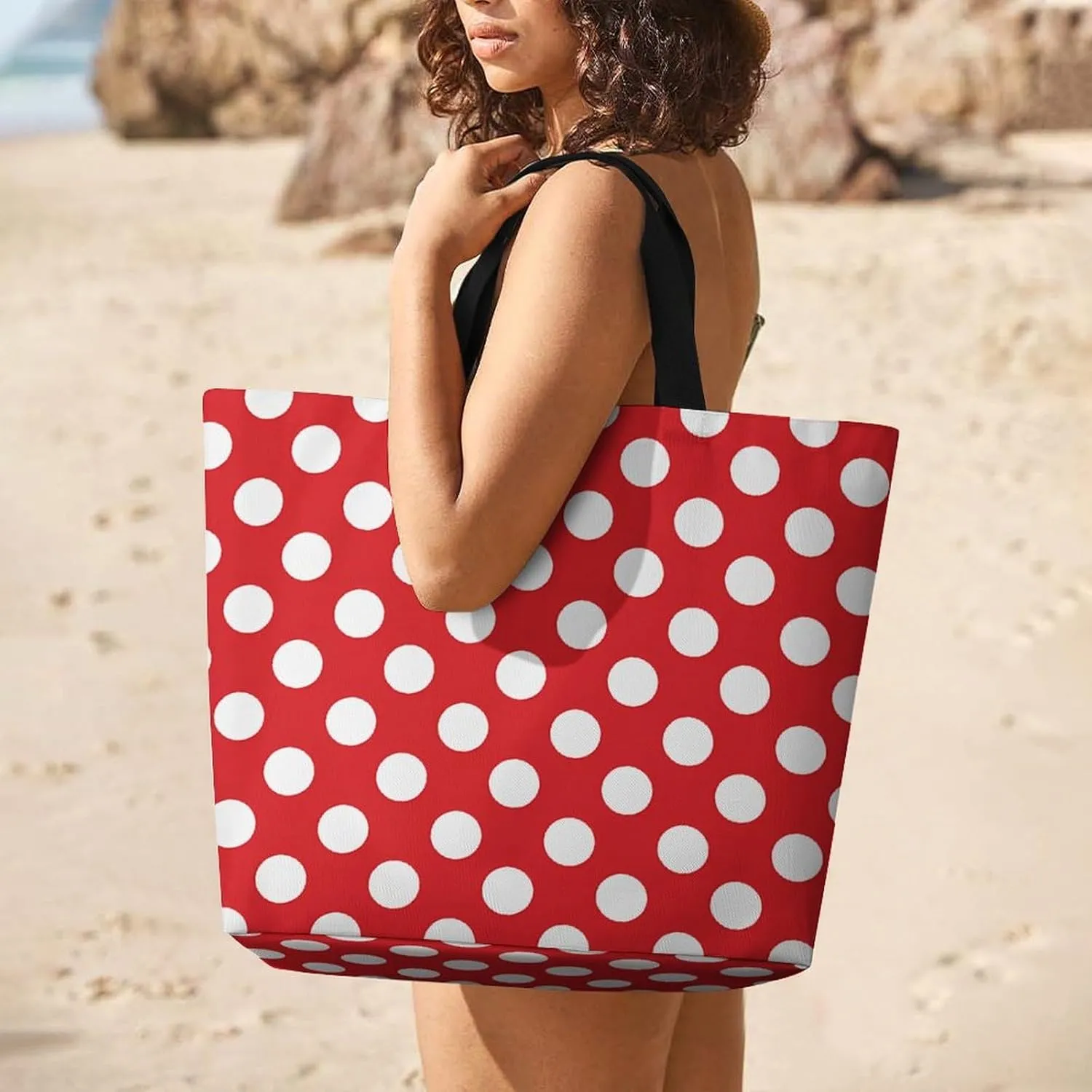 Retro Black White Polka Dots Pattern Tote Bag Reusable Grocery Bags for Groceries Capacity Heavy for Shopping