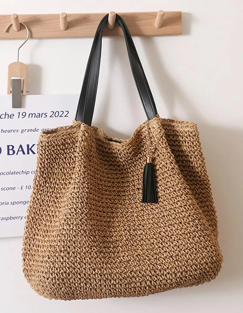 Retro Straw Shoulder Bags for Women Woven Summer Beach Tote Bag Purse Large Handbag Top Handle Satchel Vacation